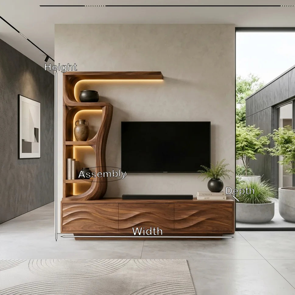Contemporary Wave Carved TV Stand with Shelf, solid wood, built to order, view 8