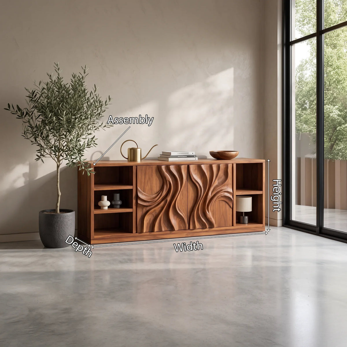 Mid Century Grooved Carved Sideboard Modern Entryway, solid wood, built to order