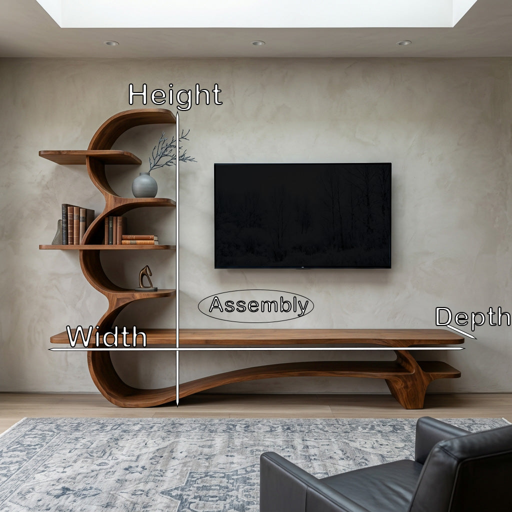 Organic Wood TV Stand with Side Curved Shelf, solid wood, built to order, view 8