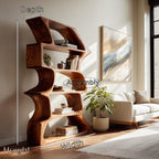Organic Farmhouse Wooden Curved Bookshelf for Living Room, solid wood bookcase