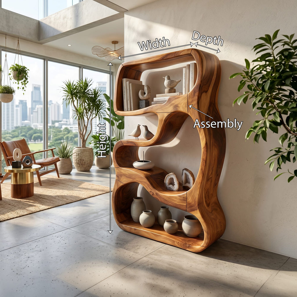 Minimalist Bookshelf Featuring Curved Side Panels, solid wood, built to order