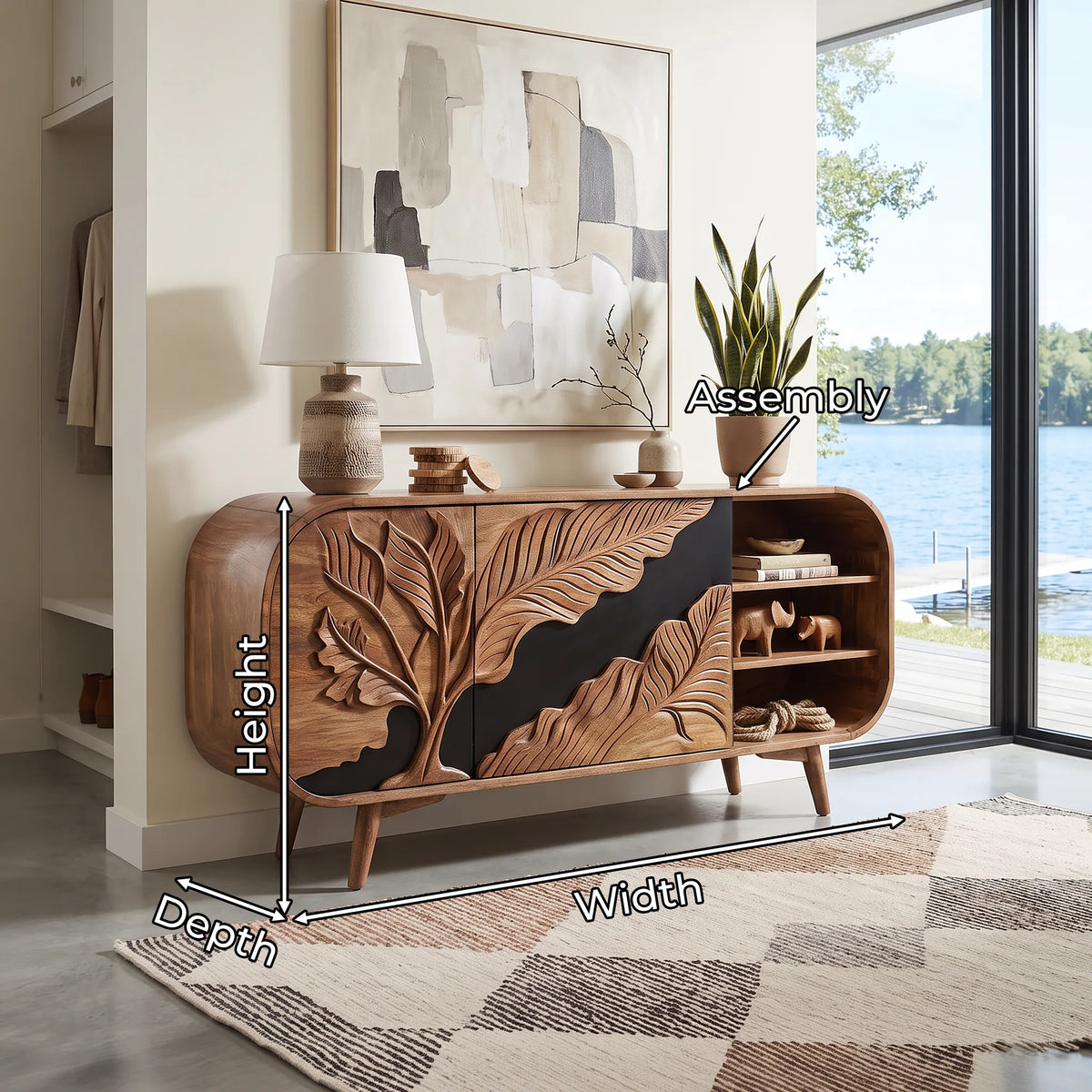 Organic Modern Carved Sideboard Cabinet Living Room, solid wood, built to order, view 2