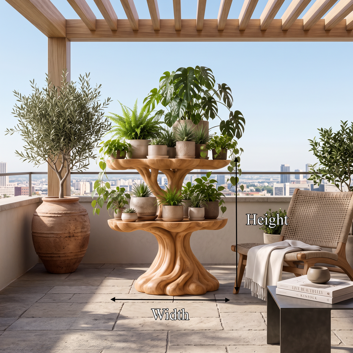 Contemporary Tiered Plant Shelf with Organic Branch Design, solid wood, built to order, view 8