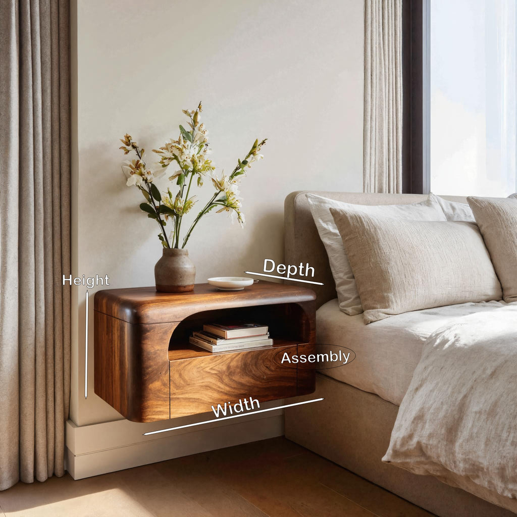 Organic Wall Mounted Bedside Table with Drawer, solid wood, built to order, view 8