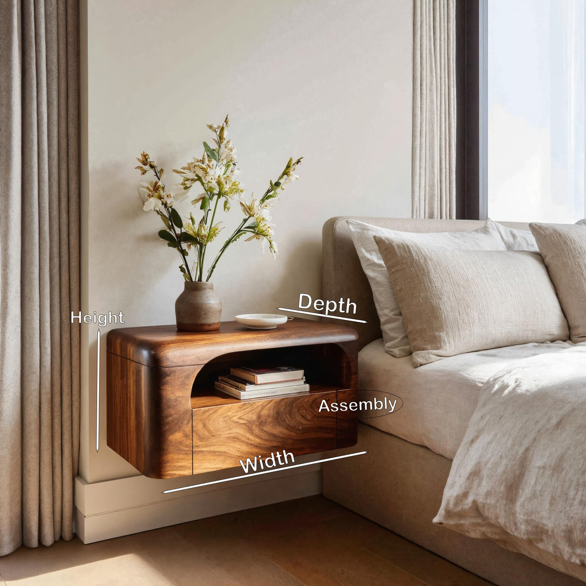 Organic Wall Mounted Bedside Table with Drawer, solid wood, built to order, view 8