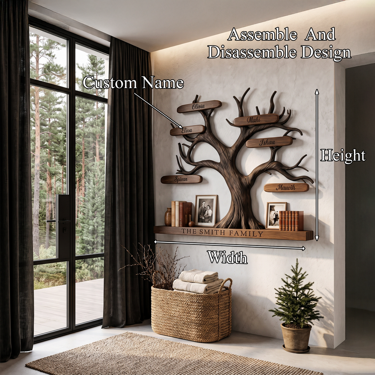 Organic Personalized Tree Wall Bookshelf with Custom Family Name, solid wood, built to order, view 8