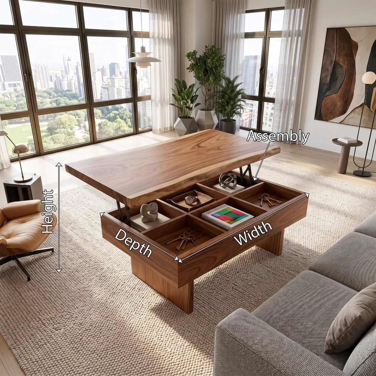 Contemporary Storage Lift Top Coffee Table City Apartment, solid wood, built to order