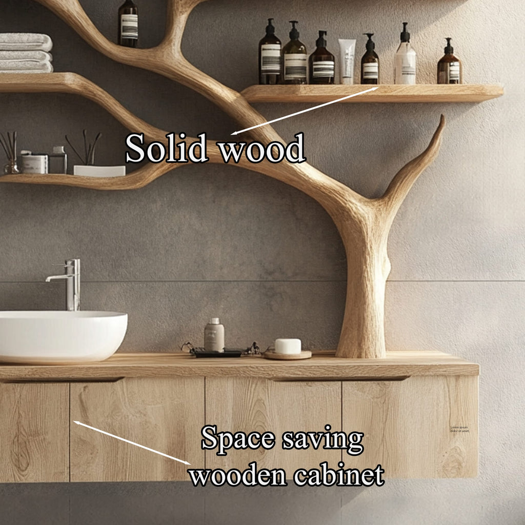 Tree Branches Rustic Bathroom Vanity with Sink Floating Shelves, solid wood, built to order
