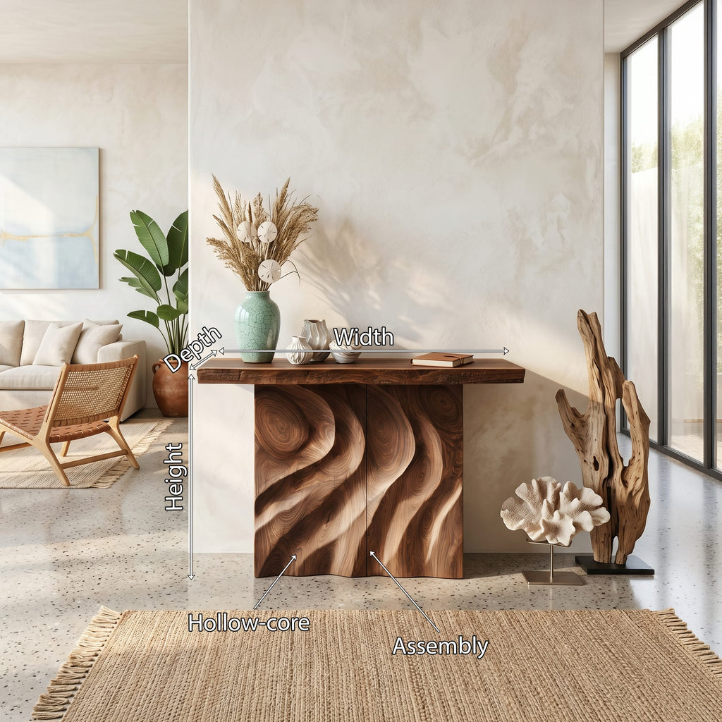 Mid Century Sculpted Base Console Table for Reception Area, solid wood, built to order