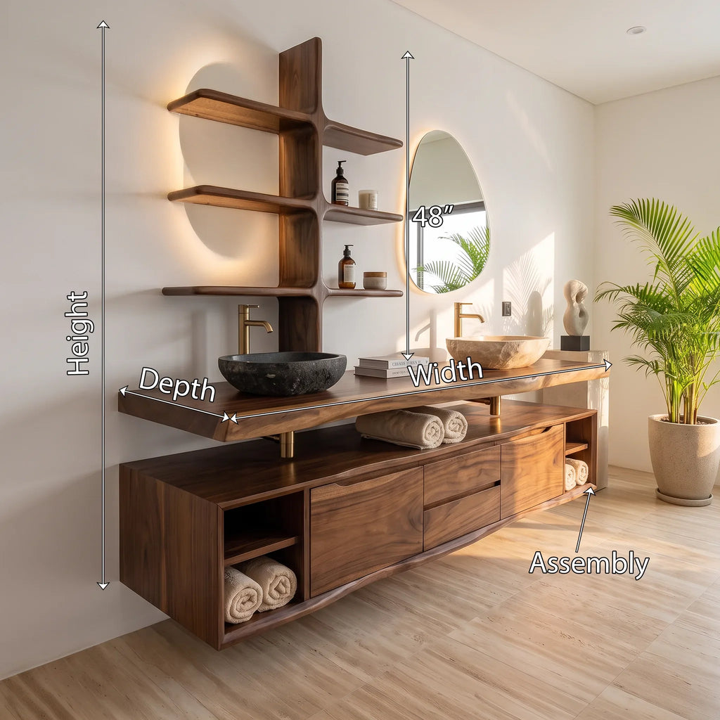 Contemporary Wall Mounted Bathroom Vanity Wellness Suite, solid wood, built to order