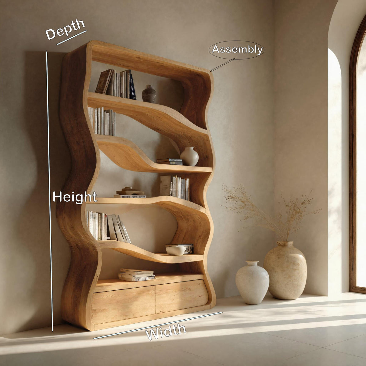Modern Curved Bookshelf, solid wood, built to order