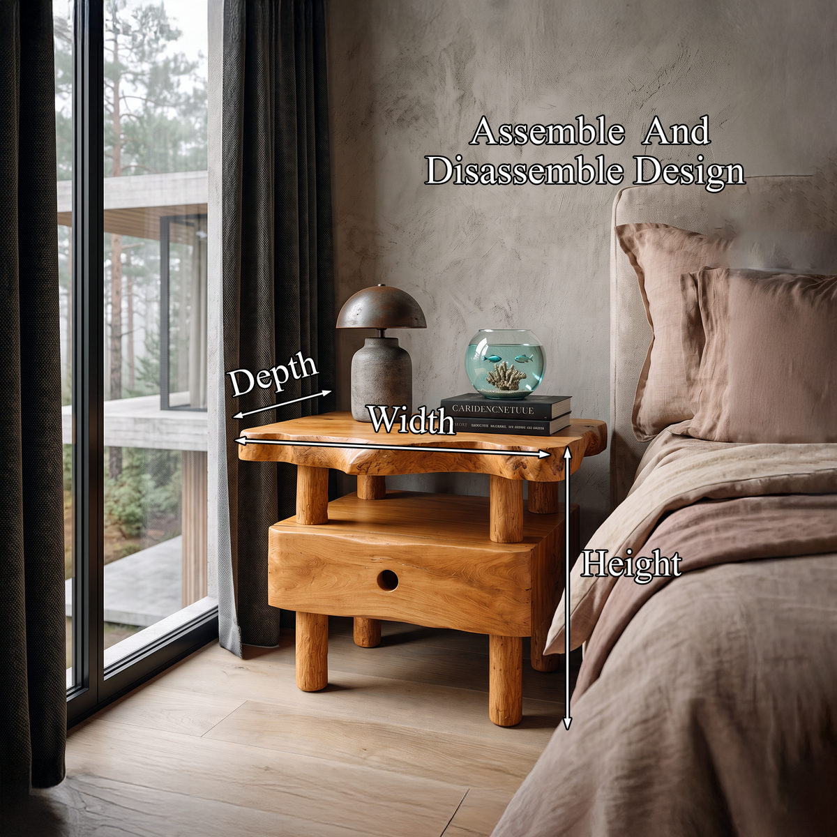 Organic Solid Bedside Table with Open Shelf and Drawer, solid wood, built to order, view 8