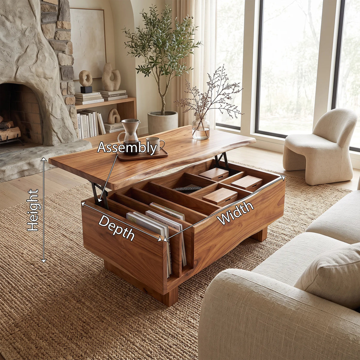 Organic Modern Lift Top Coffee Table Reading Lounge, solid wood, built to order, view 2
