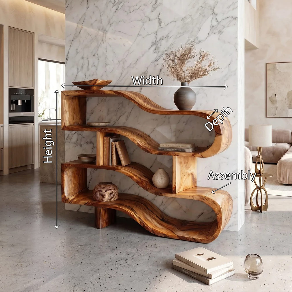 Modern Architectural Display Shelf with Floating Curves, solid wood, built to order