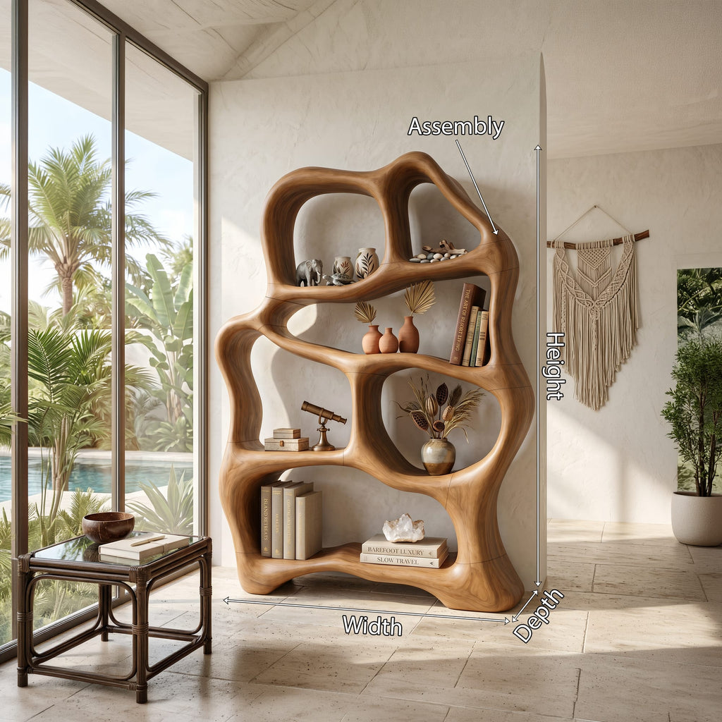Organic Flow Bookcase for Cozy Reading Corner, solid wood, built to order
