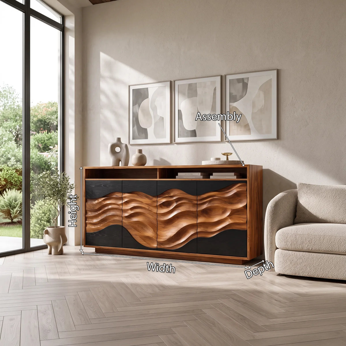 Minimalist Low Reeded Sideboard Living Room, solid wood, built to order, view 2