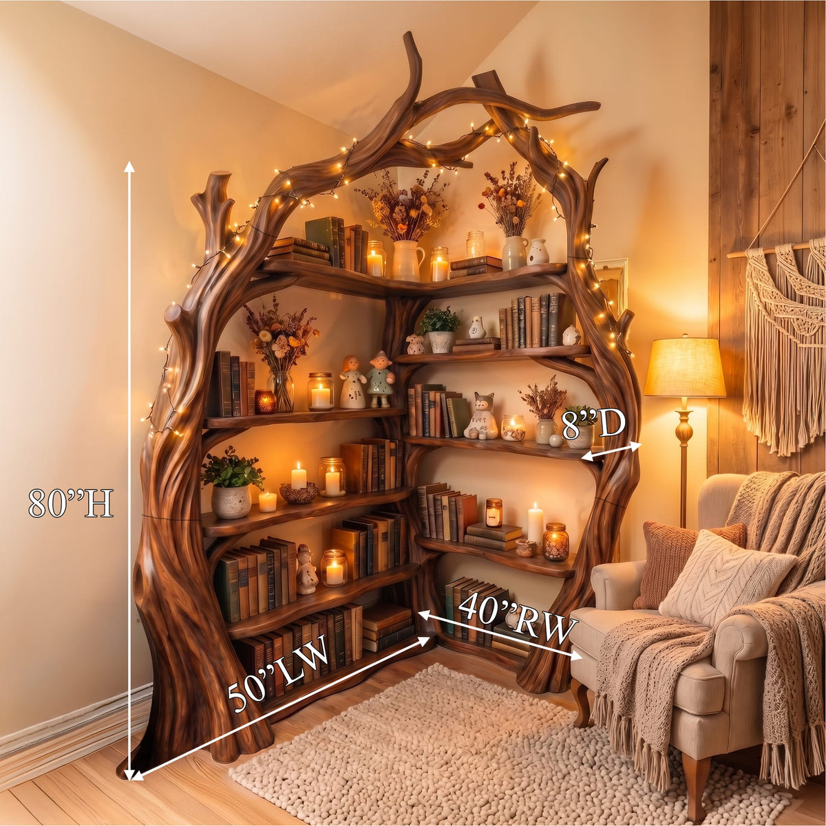Tree Wall Bookshelf Corner Storage Bookcase Wooden Display Shelf, solid wood, built to order