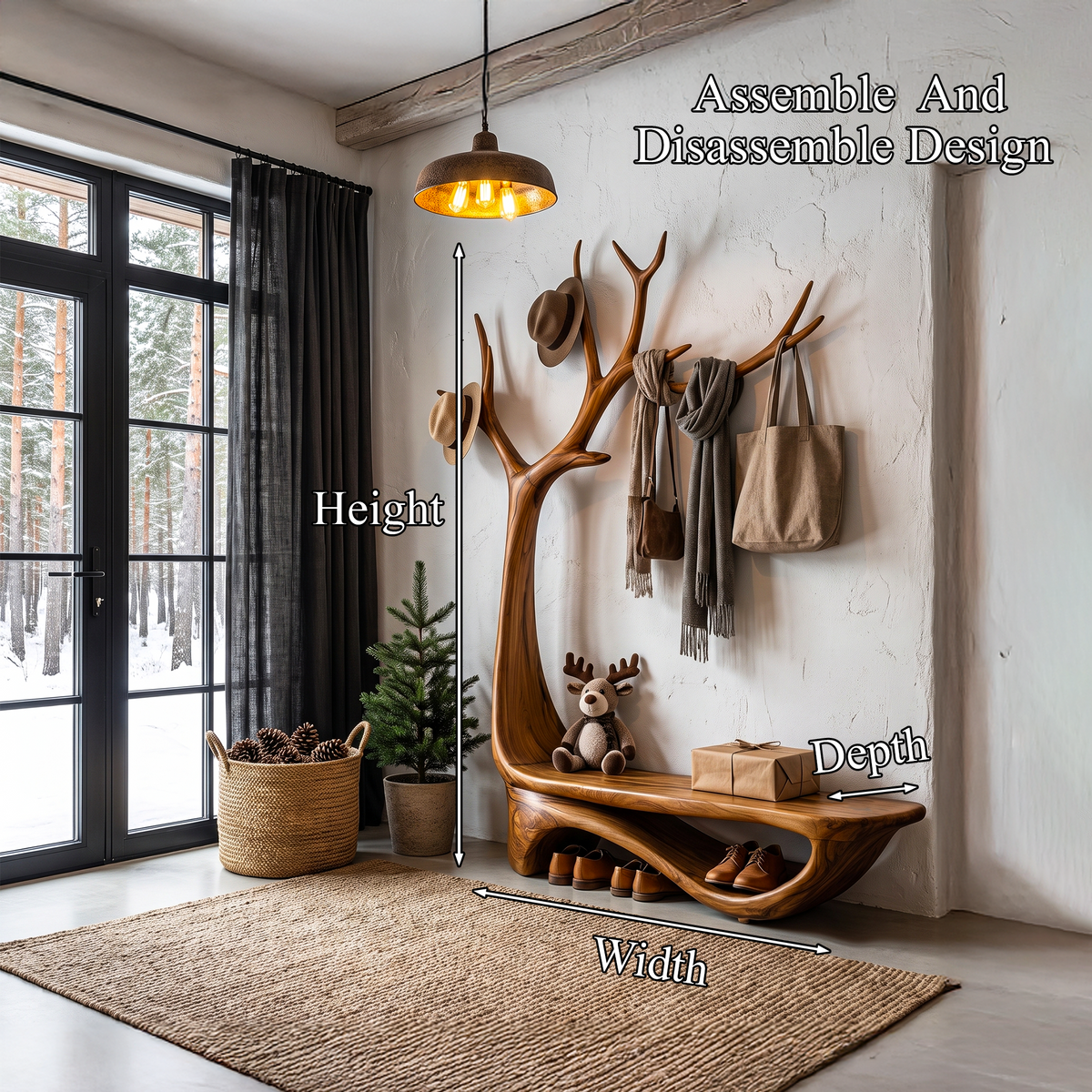 Organic Tree Shoe Bench Wall Mounted Coat Rack Storage, solid wood, built to order, view 8
