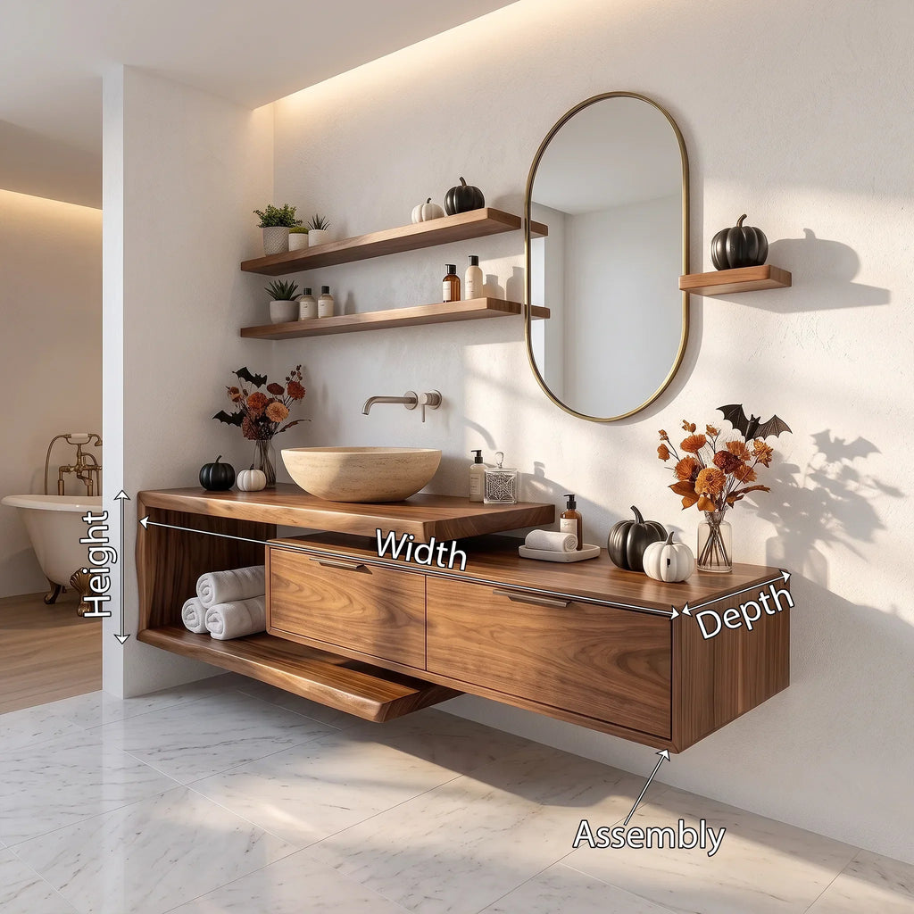 Handcrafted Mid Century Floating Vanity Primary Ensuite, solid wood, built to order