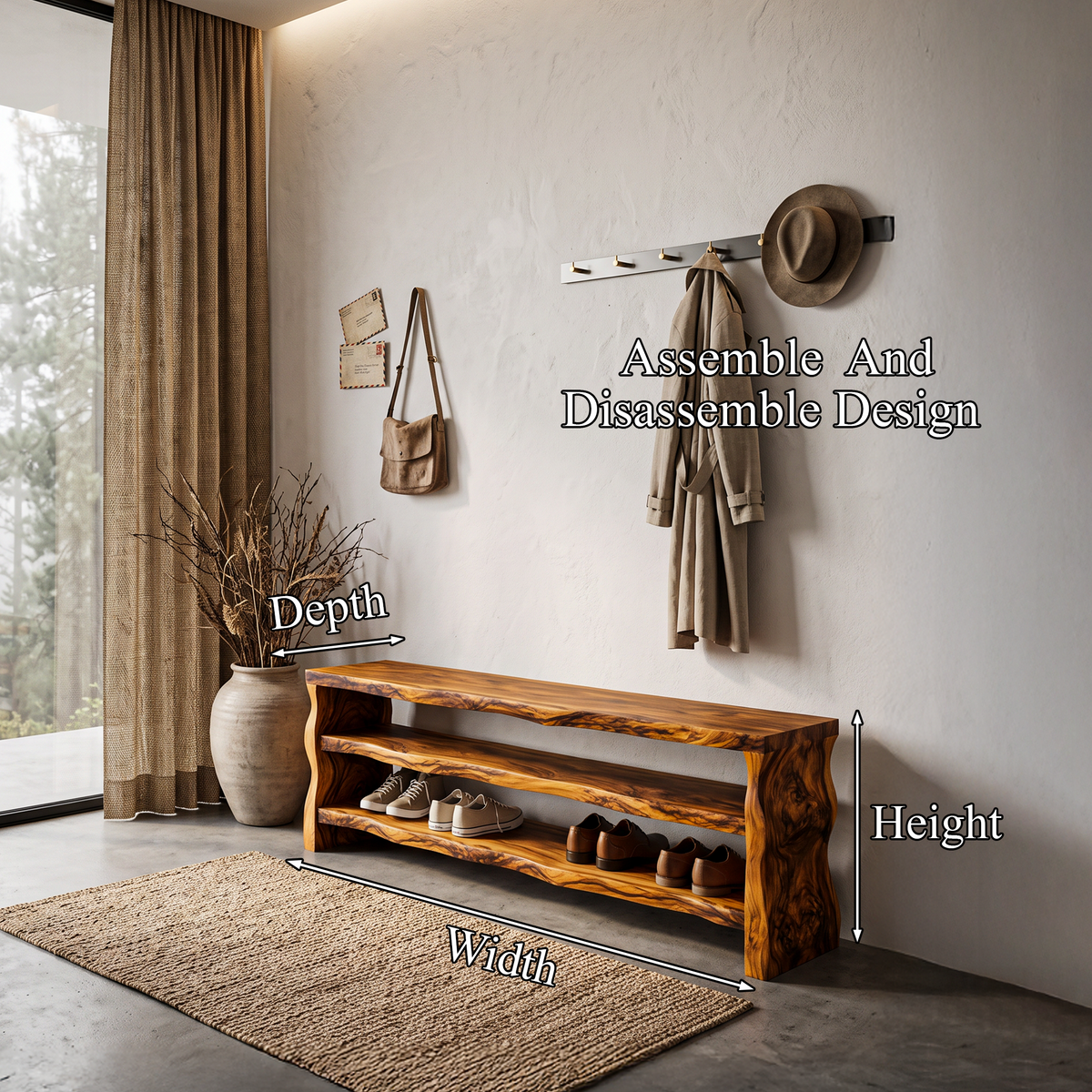 Live Edge Shoe Bench Open Storage Organizer, solid wood, built to order, view 8