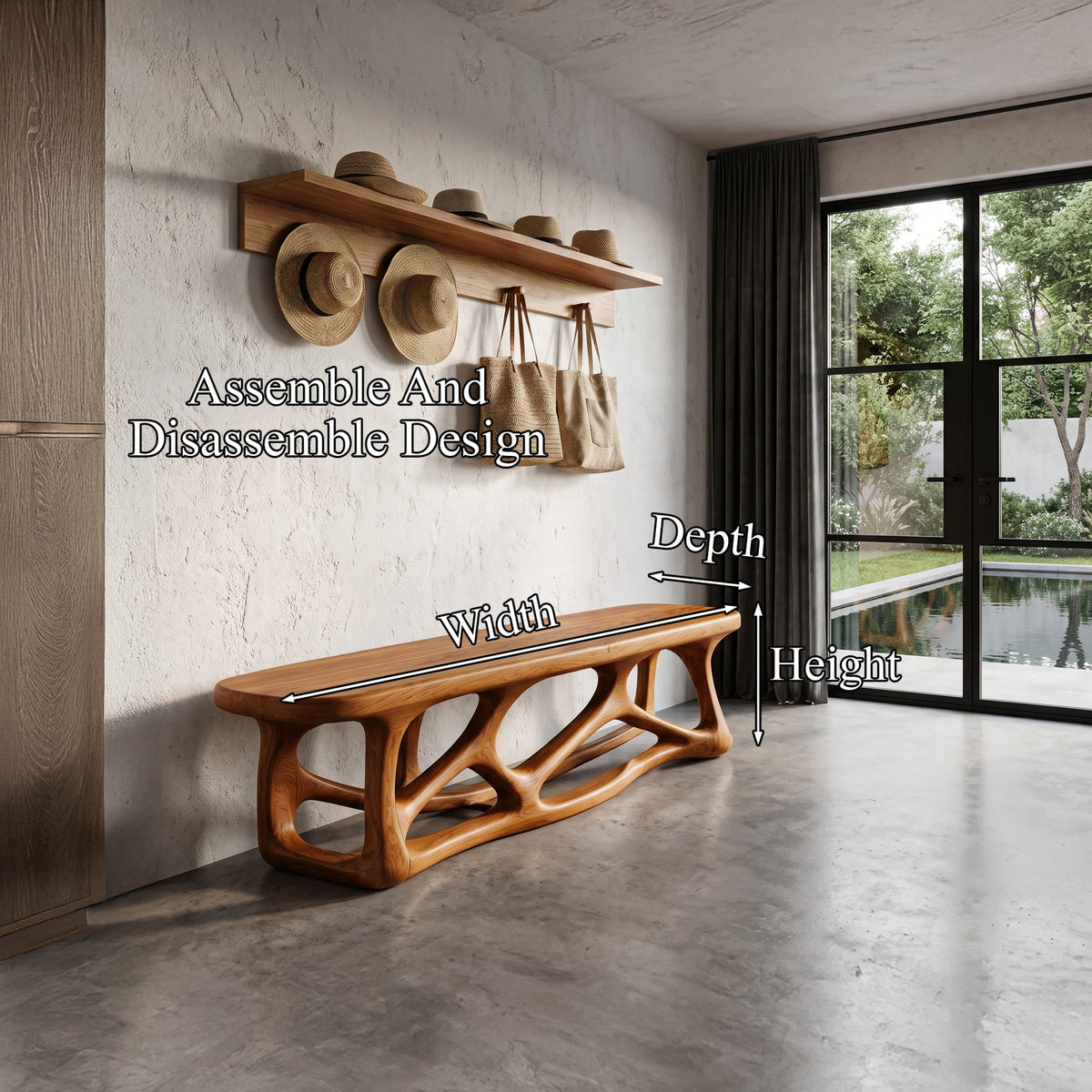 Contemporary Bench with Flowing Organic Design, solid wood, built to order