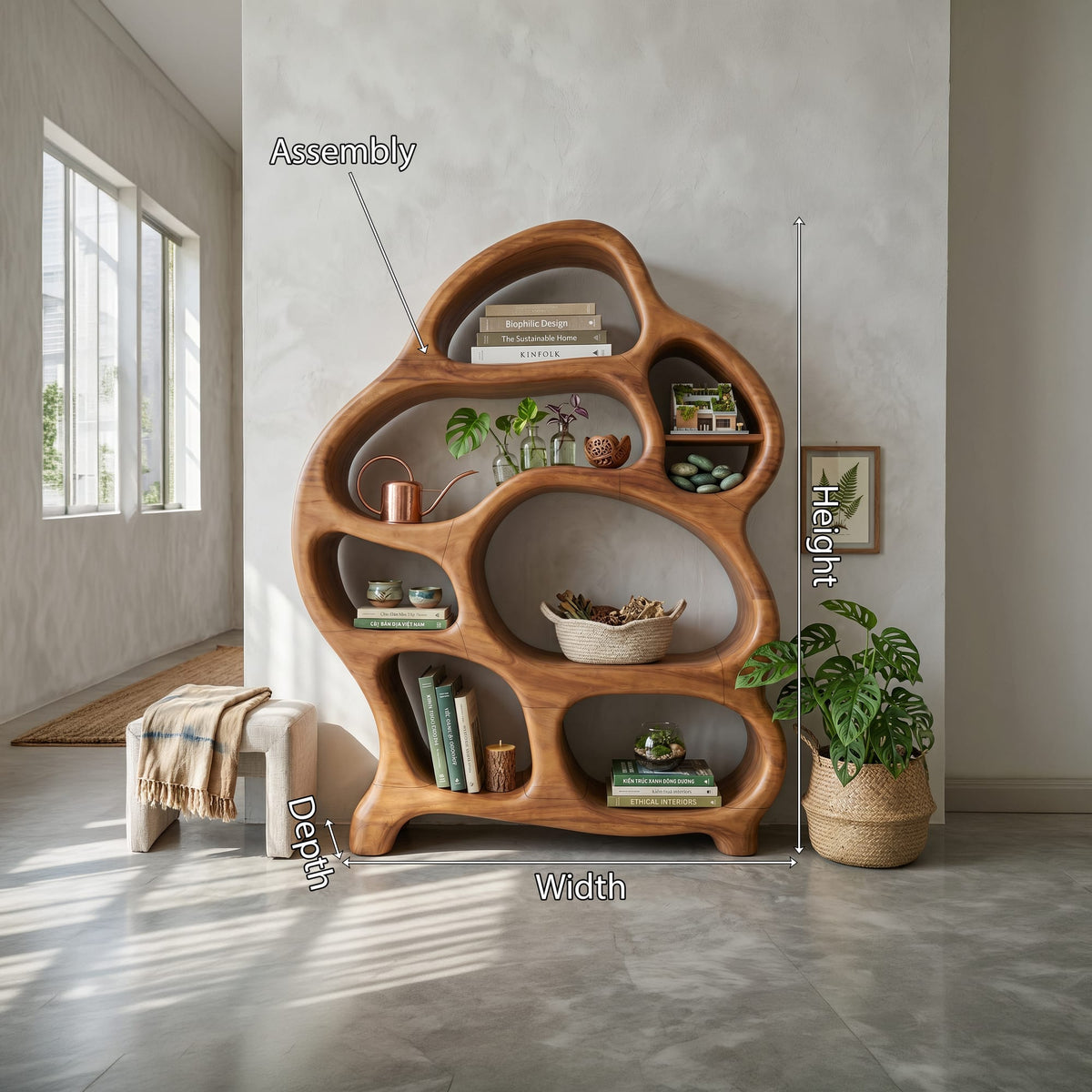 Mid Century Open Bookshelf, solid wood, built to order