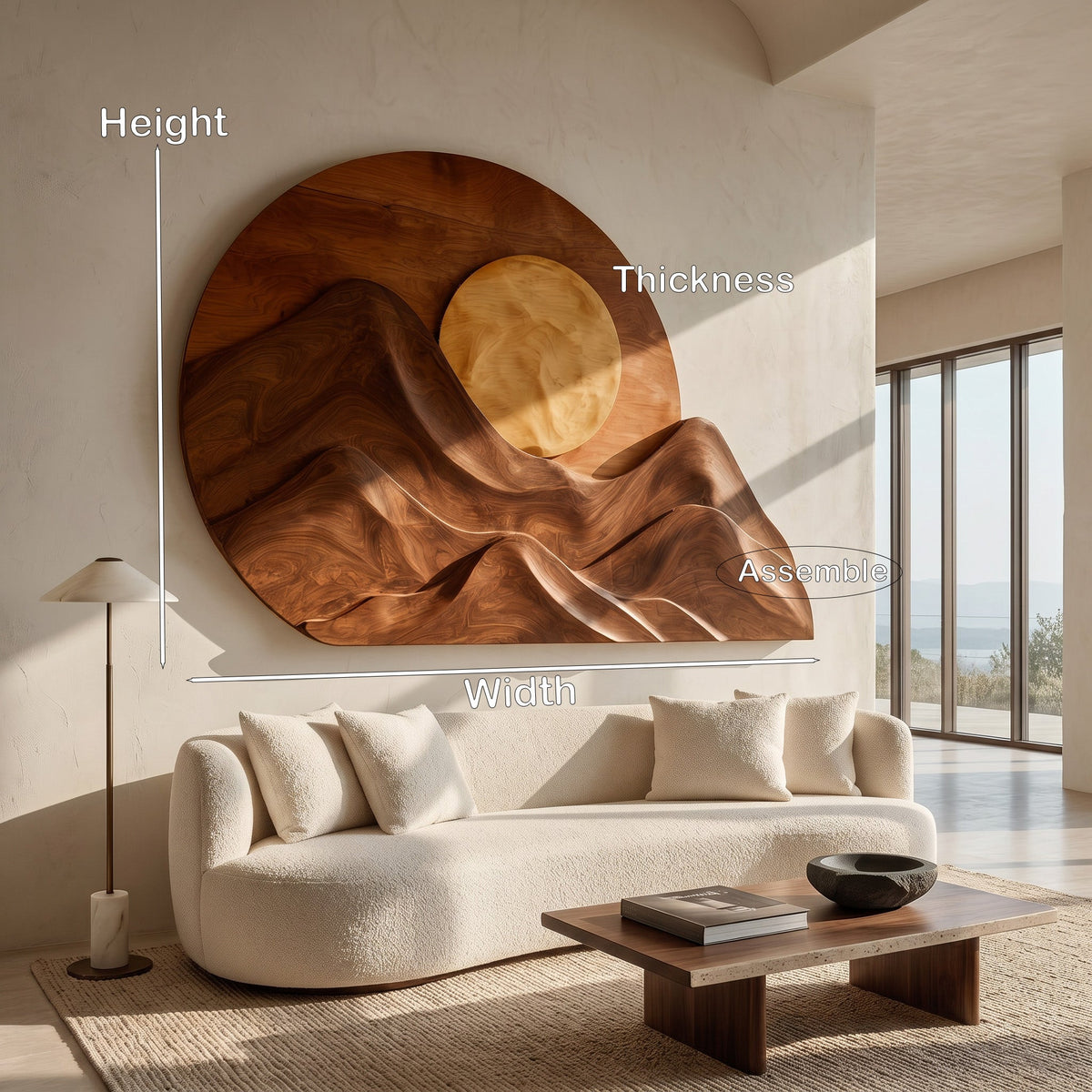 Handcrafted Mountain Sun Wall Art, solid wood, built to order