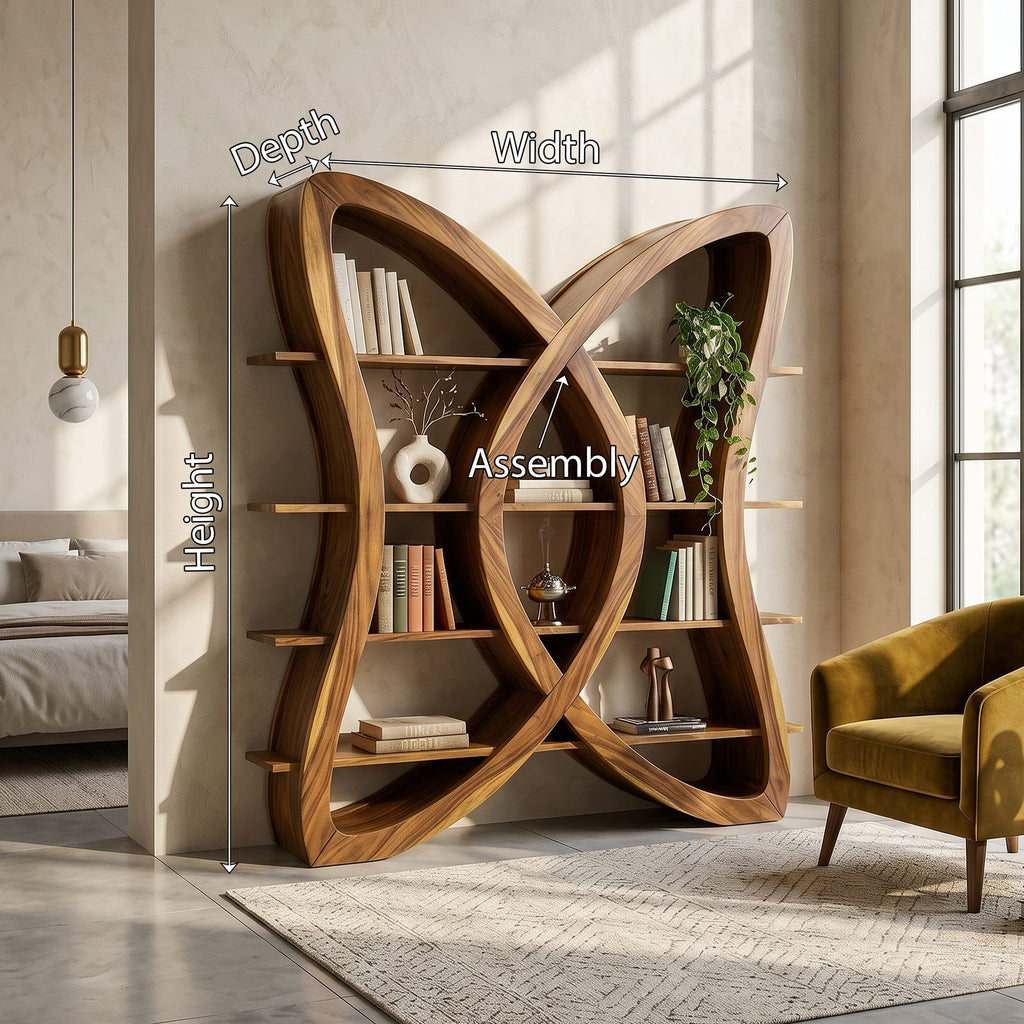 Butterfly Inspired Wooden Bookcase in Organic Style, solid wood, built to order