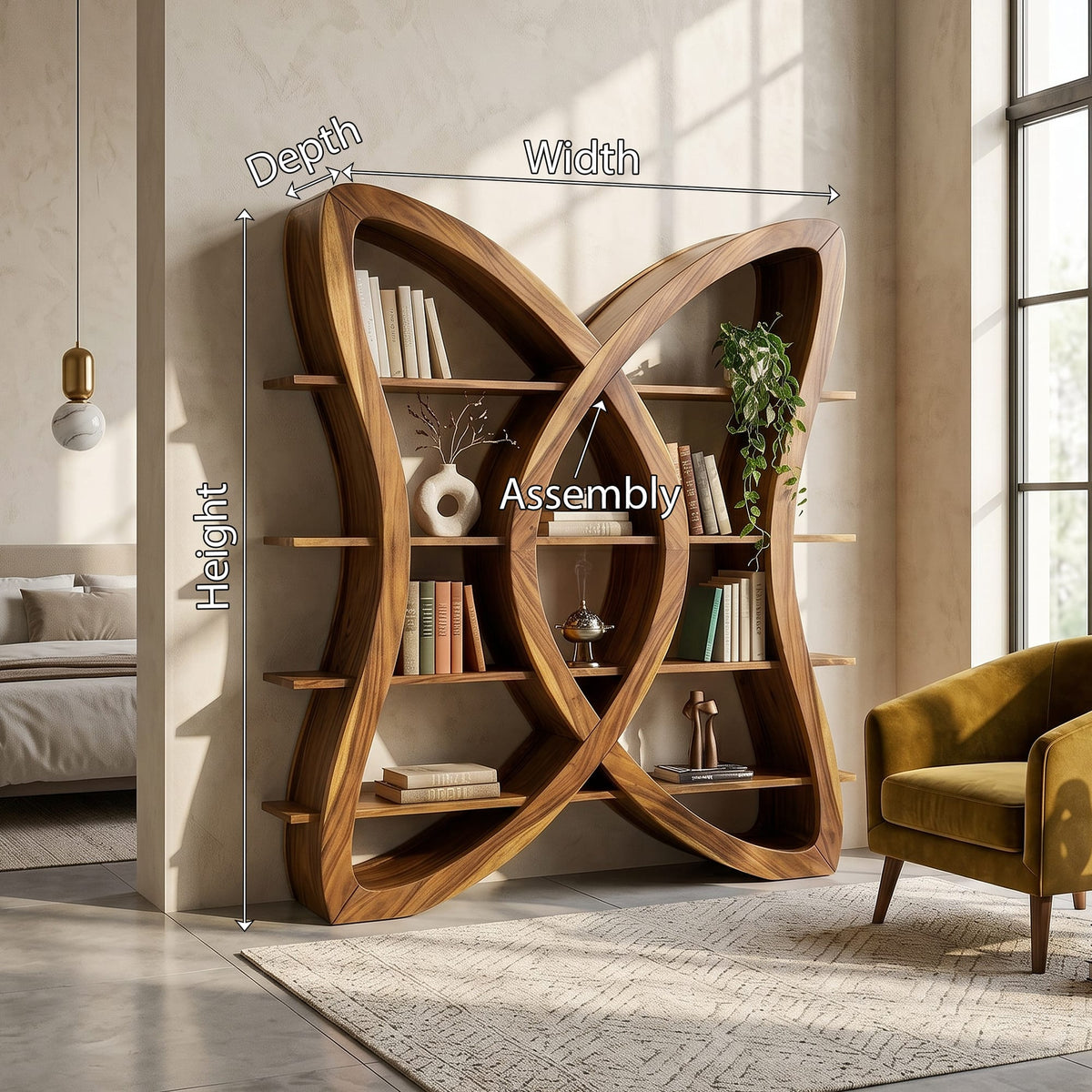 Butterfly Inspired Wooden Bookcase in Organic Style, solid wood, built to order