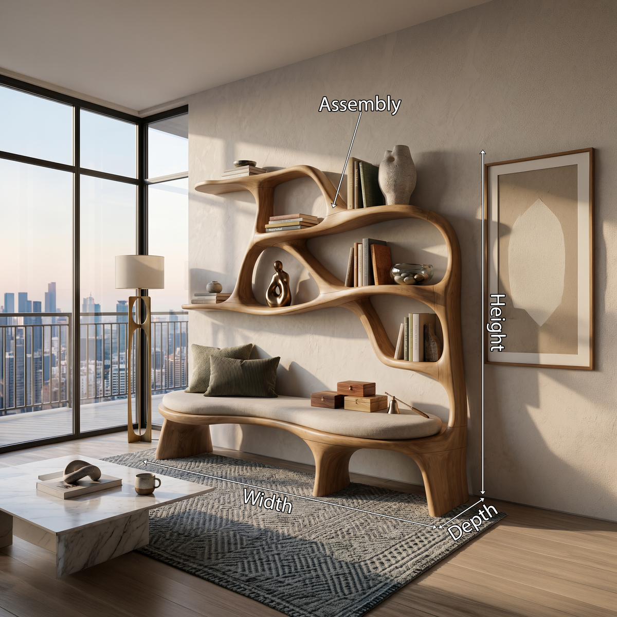 Minimalist Window Seat Bookcase, solid wood, built to order, view 8