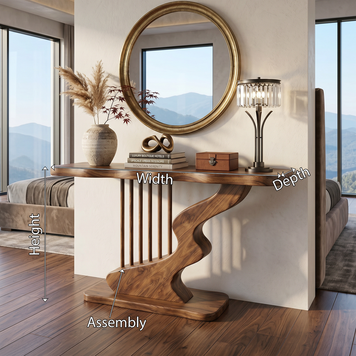 Bohemian Curved Base Console Table Cozy Entryway, solid wood, built to order, view 8