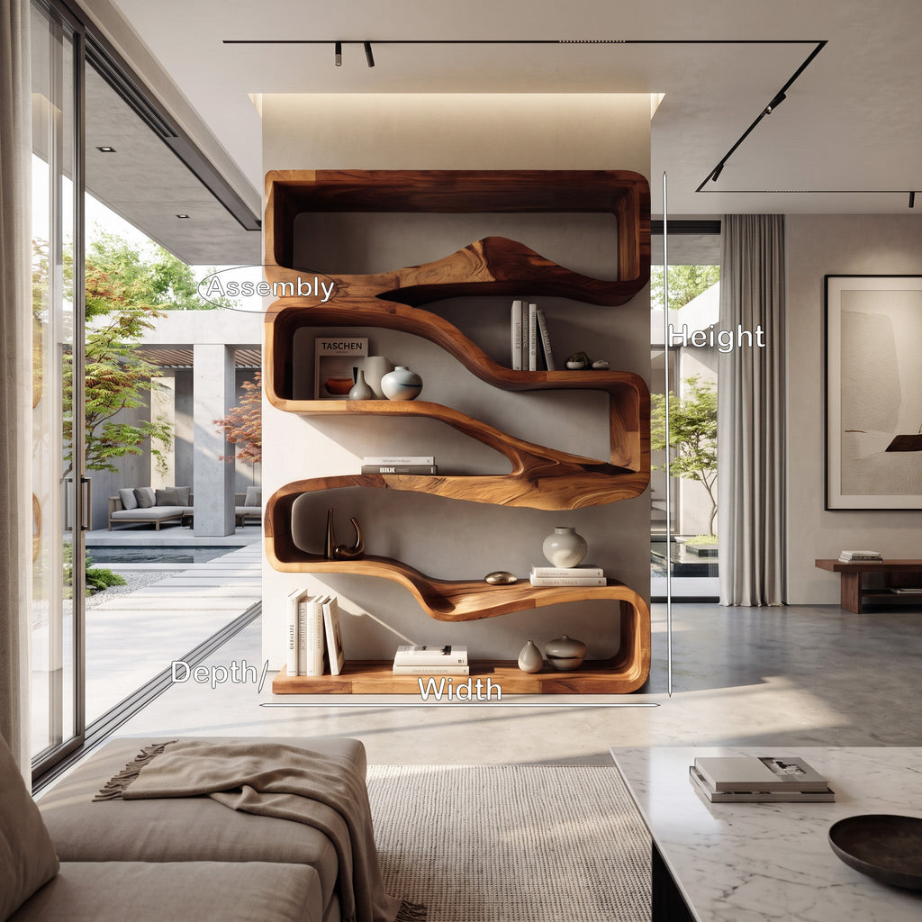 Modern Curved Bookshelf with Flowing Design, solid wood, built to order