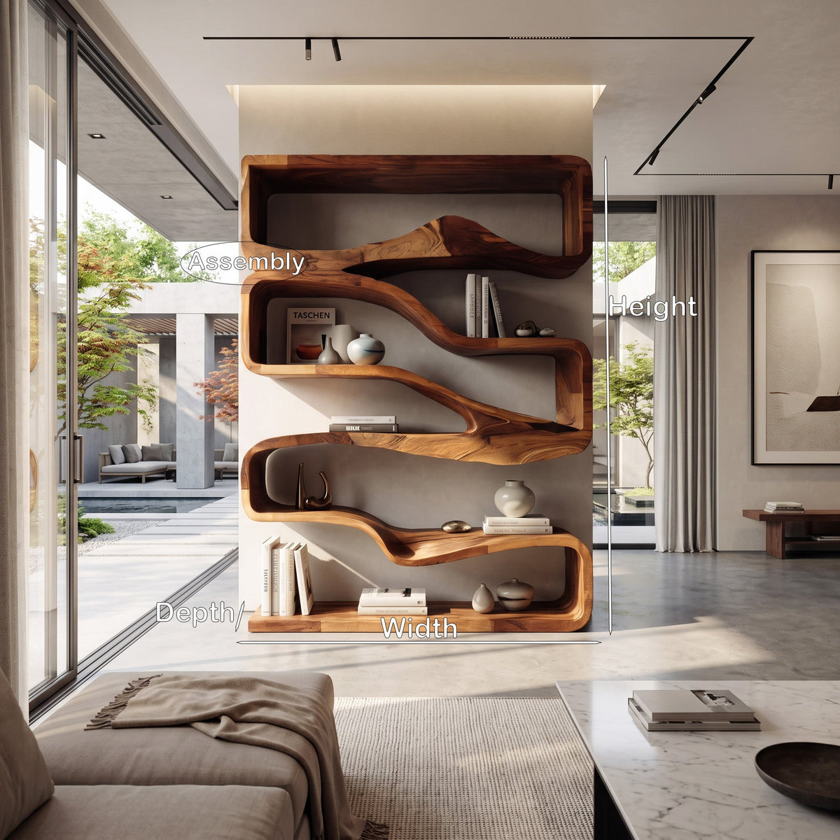 Modern Curved Bookshelf with Flowing Design, solid wood, built to order