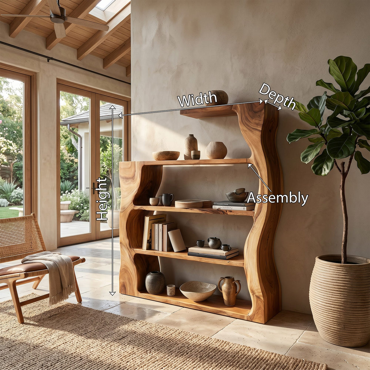Organic Modern Bookshelf with Asymmetrical Curved Profile, solid wood, built to order