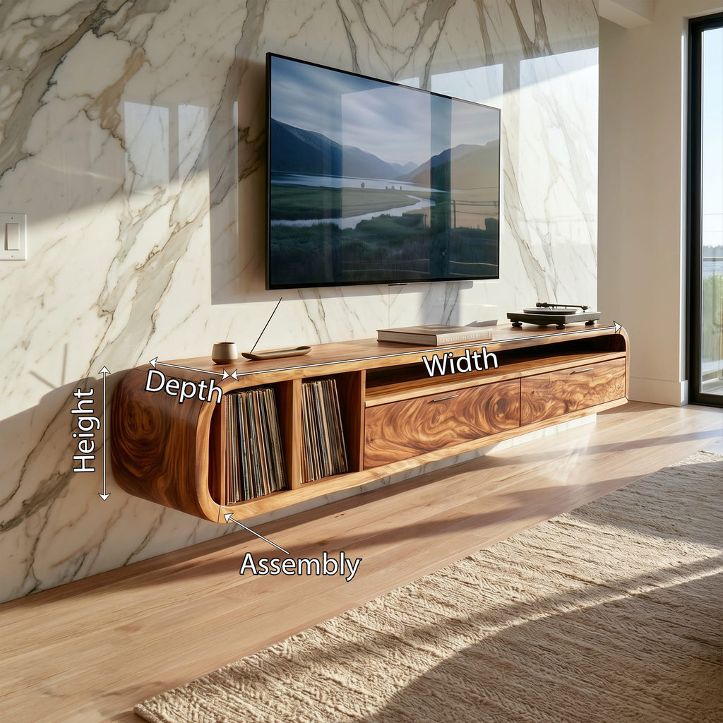 Floating Walnut TV Cabinet Vinyl Record Storage, solid wood, built to order