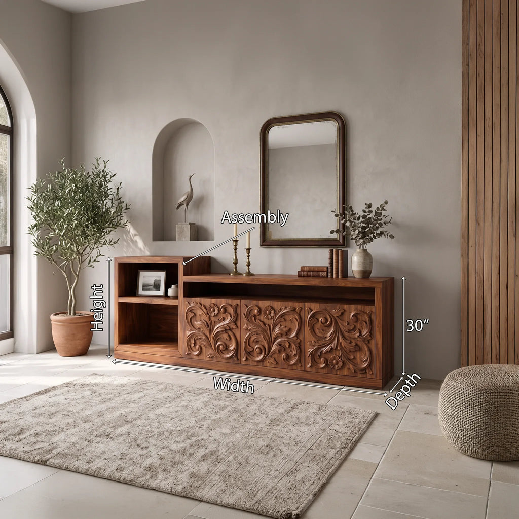 Organic Low Wave Carved Credenza Modern Living Room, solid wood, built to order, view 2