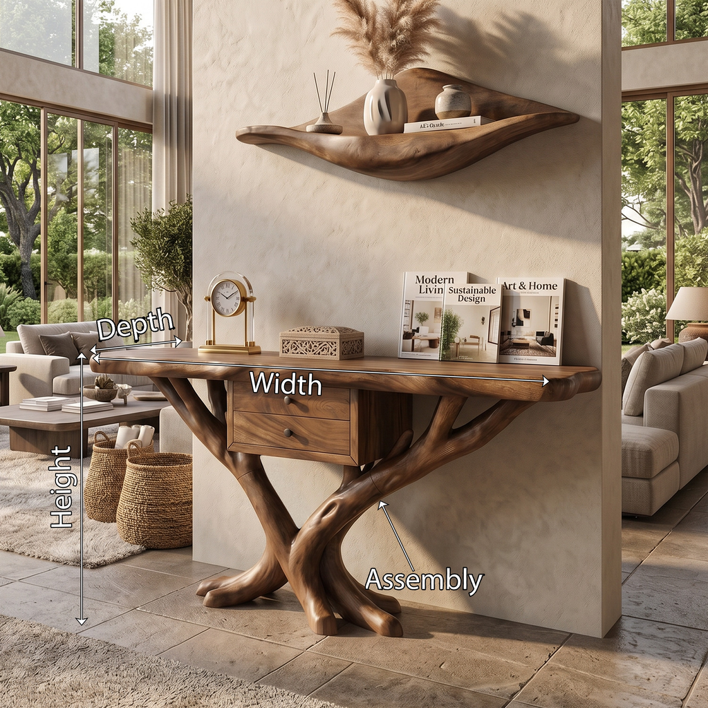 Organic Modern Tree Base Console Table Entryway, solid wood, built to order, view 8
