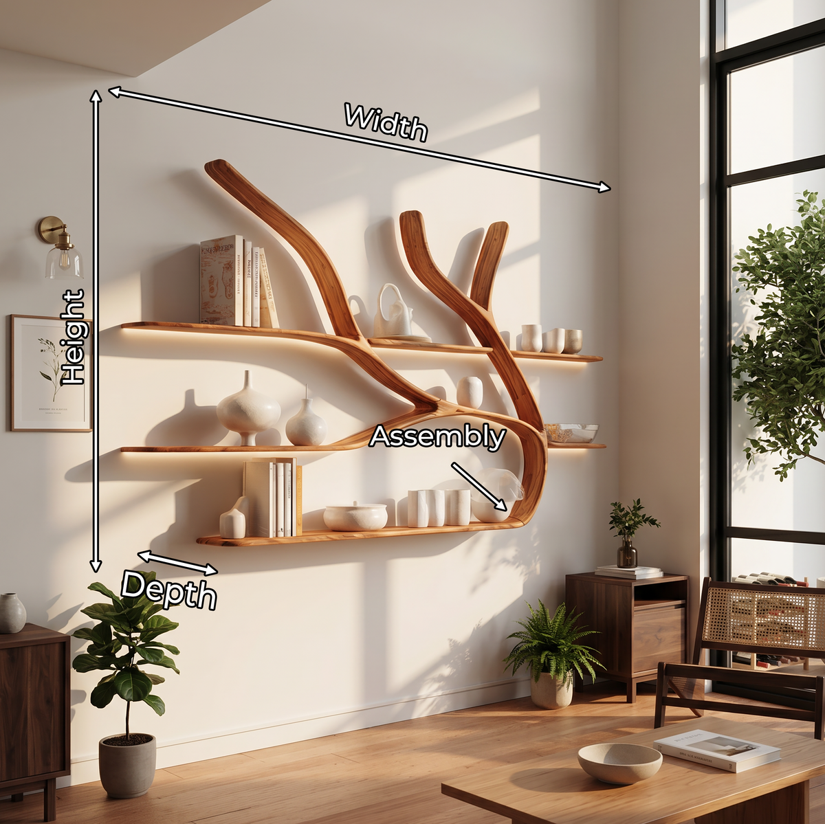 Minimalist Tree Branch Floating Bookshelf, solid wood, built to order, view 8