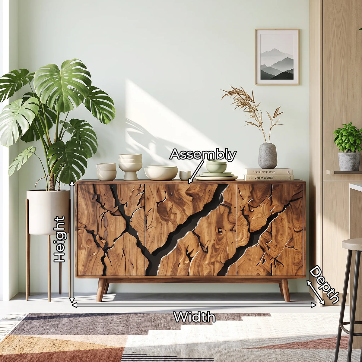 Contemporary Carved Sideboard Cabinet Entryway, solid wood, built to order, view 2