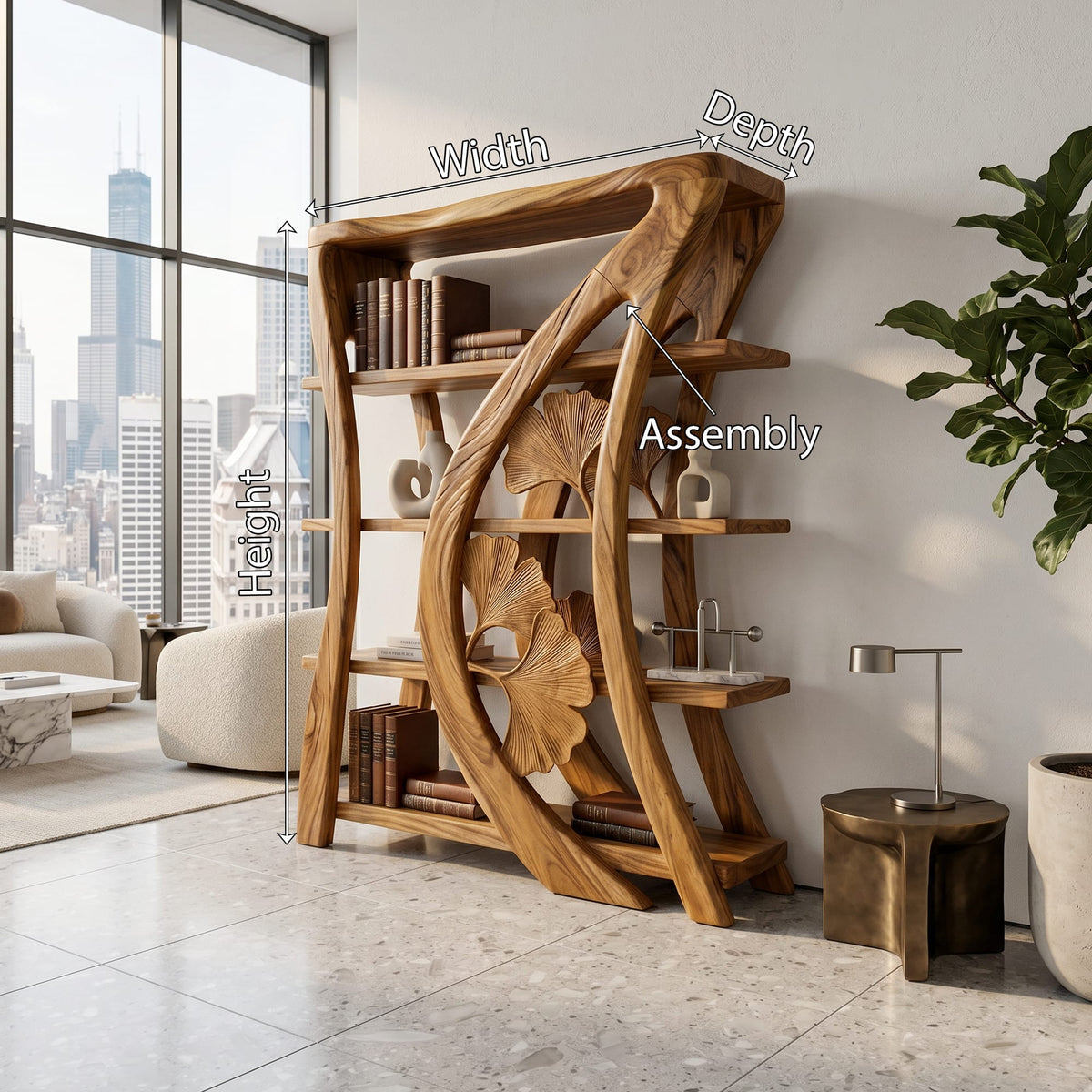 Artistic Bookcase with Botanical Sculpture Design, solid wood, built to order