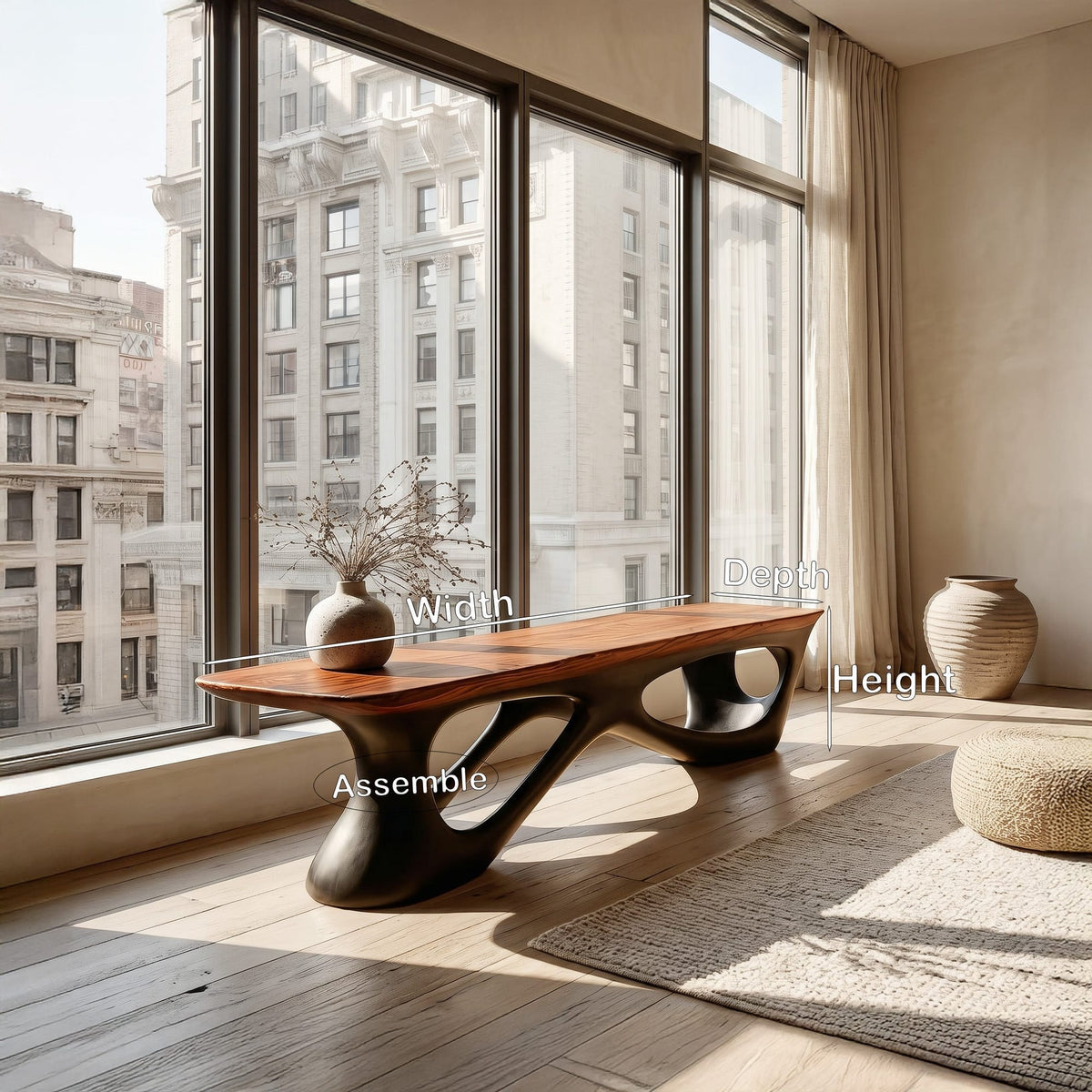 Contemporary Bench for Window Corner, solid wood, built to order