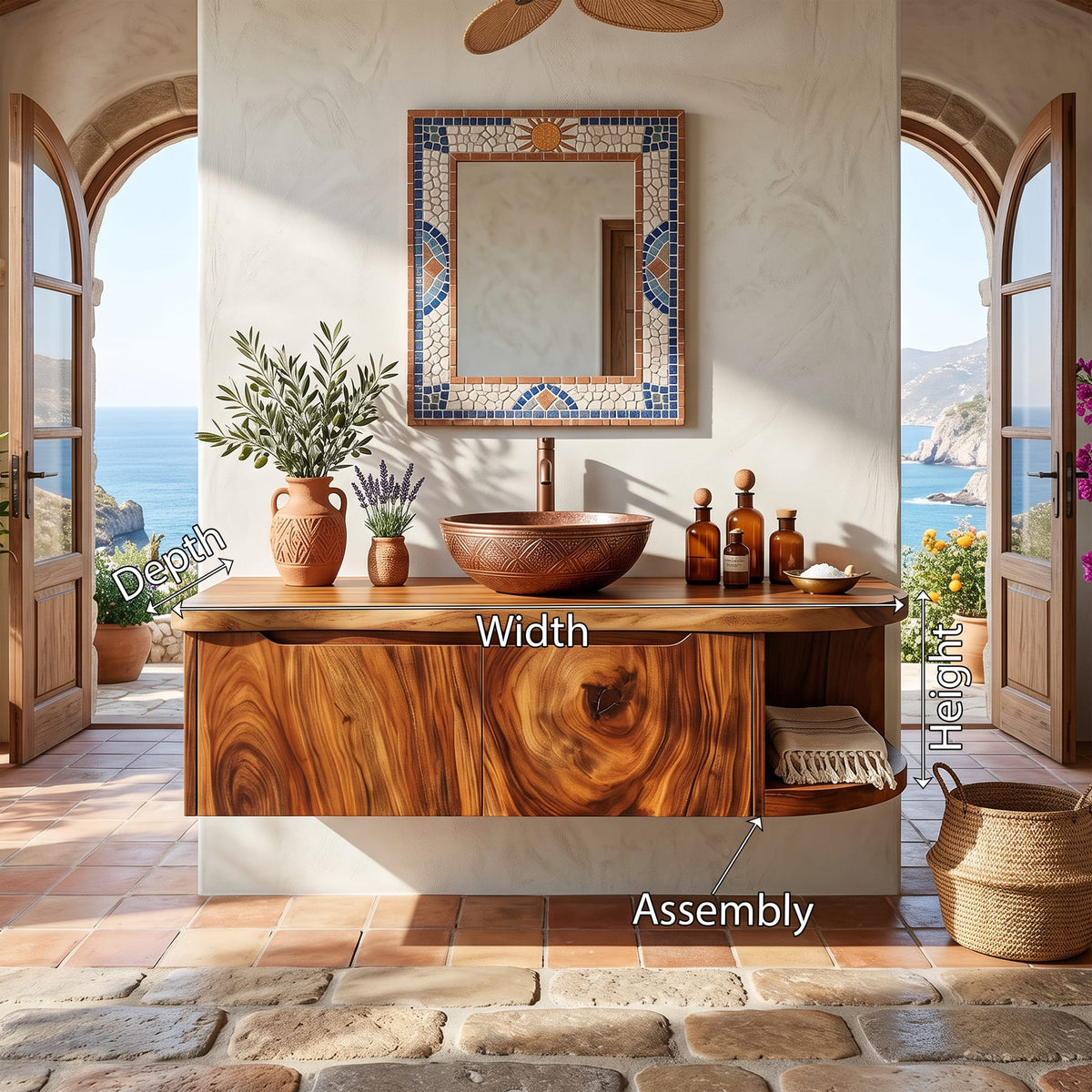 Mediterranean Contemporary Vanity Cabinet Villa, solid wood, built to order