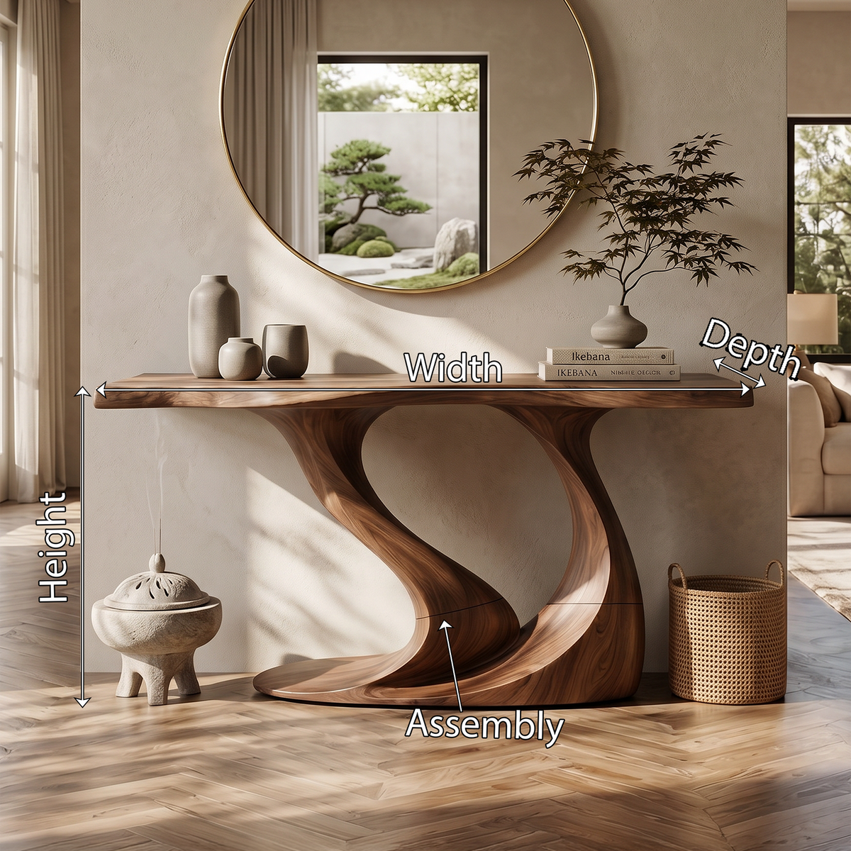 Contemporary Wave Base Console Table Hallway, solid wood, built to order, view 8