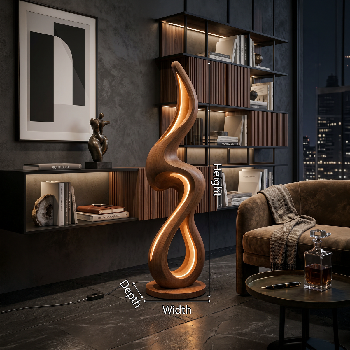 Minimalist Curved Lamp with Shelf, solid wood, built to order, view 8