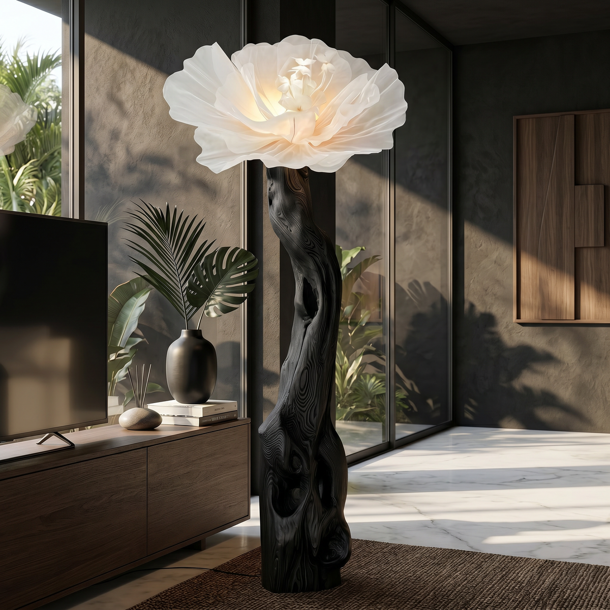 Organic Modern Floor Lamp Flower Sculpture, solid wood, built to order, view 4