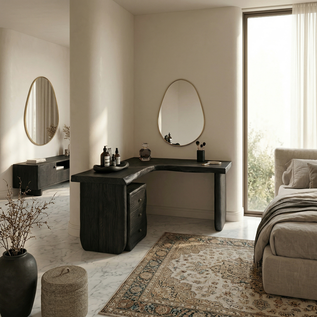 Minimal Organic Vanity Table Makeup Desk Corner L Shape Bedroom and Vanity Area, solid wood, built to order, view 4