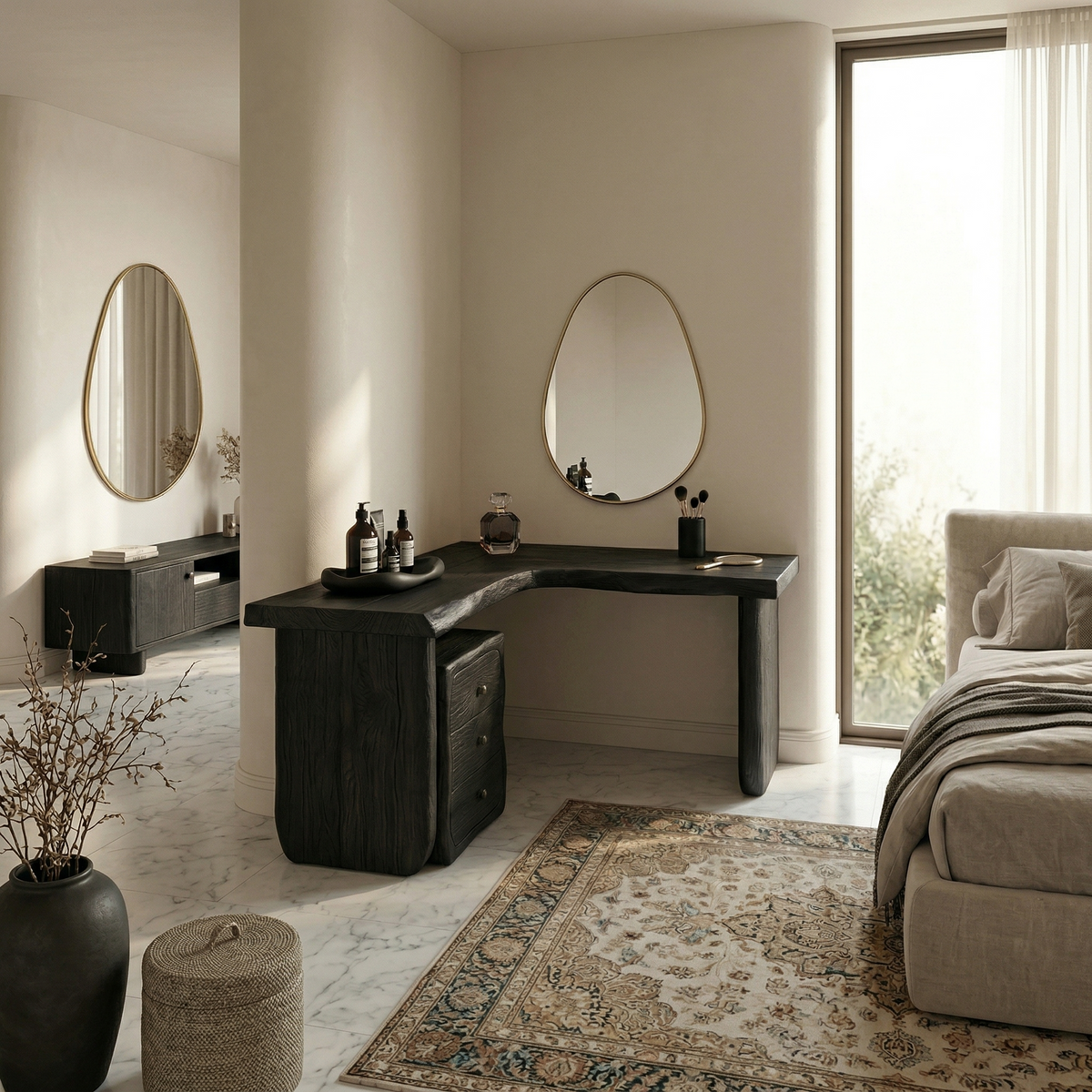 Minimal Organic Vanity Table Makeup Desk Corner L Shape Bedroom and Vanity Area, solid wood, built to order, view 4