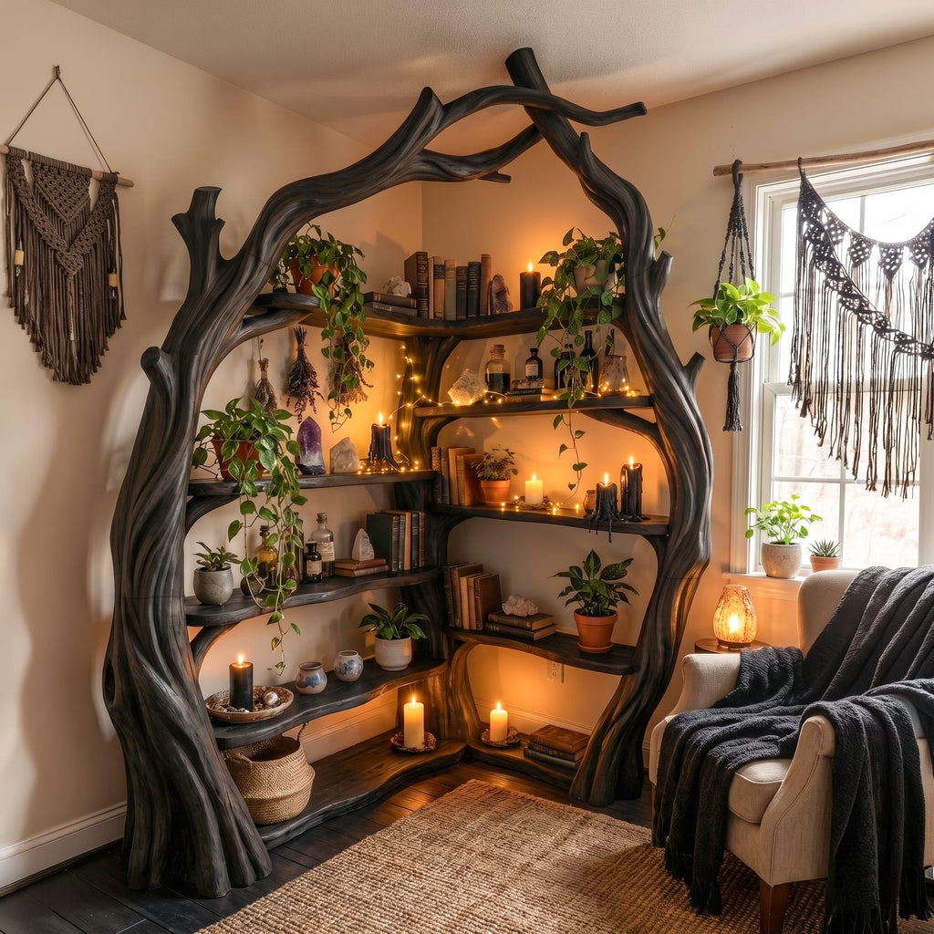 Tree Wall Bookshelf Corner Storage Bookcase Wooden Display Shelf, solid wood, built to order