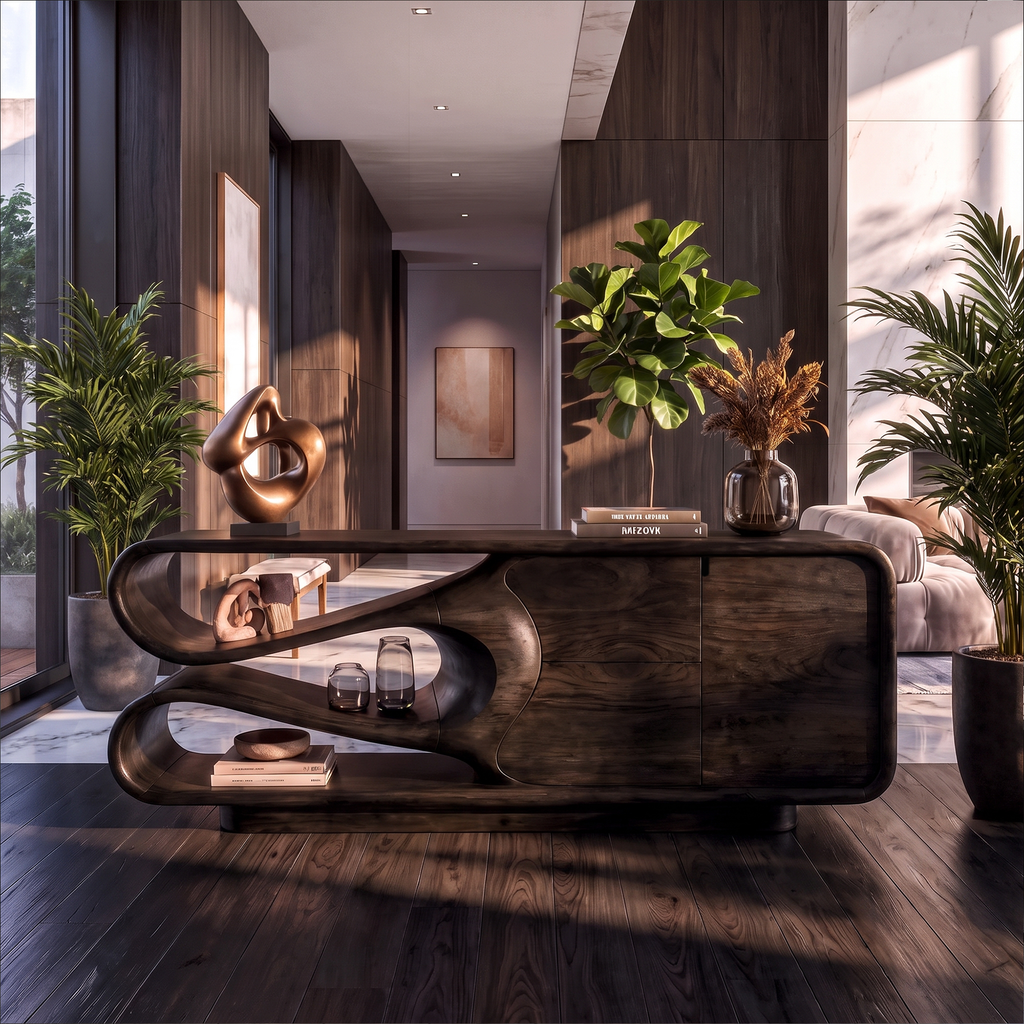 Organic Sideboard with Integrated Drawers and Flowing Silhouette, solid wood, built to order, Black finish