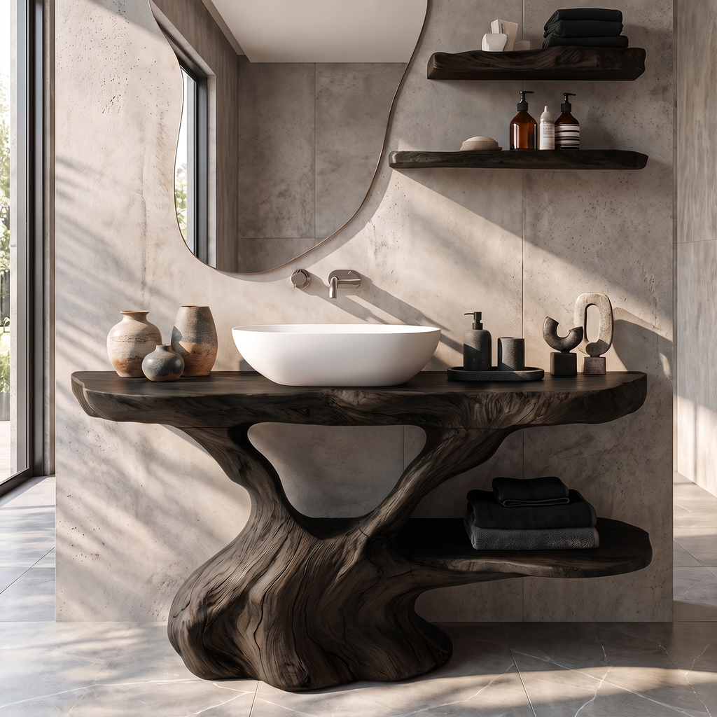 Organic Bathroom Vanity with Sculptural Tree Root Base, solid wood, built to order, Black finish